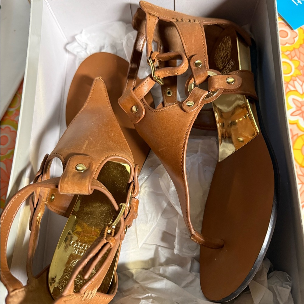 Vince Camuto Cognac Leather T-Strap Sandals with Gold Accents - Picture 2 of 7